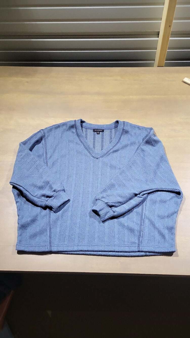 Oversized Blue Ribbed V-Neck Long Sleeve Sweater